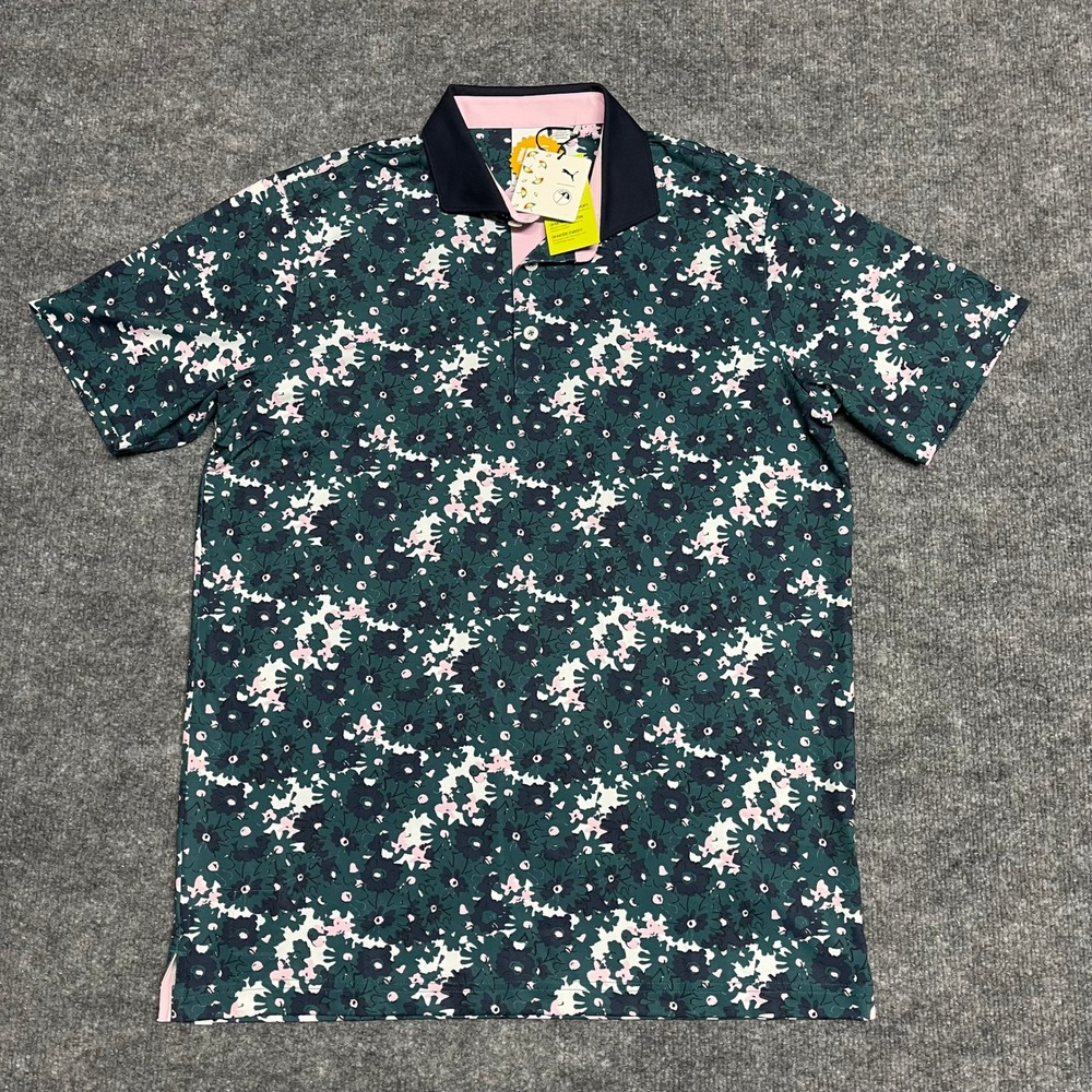 Puma Arnold Palmer Polo Shirt Mens Medium Cold Green Floral Golf Performance NEW